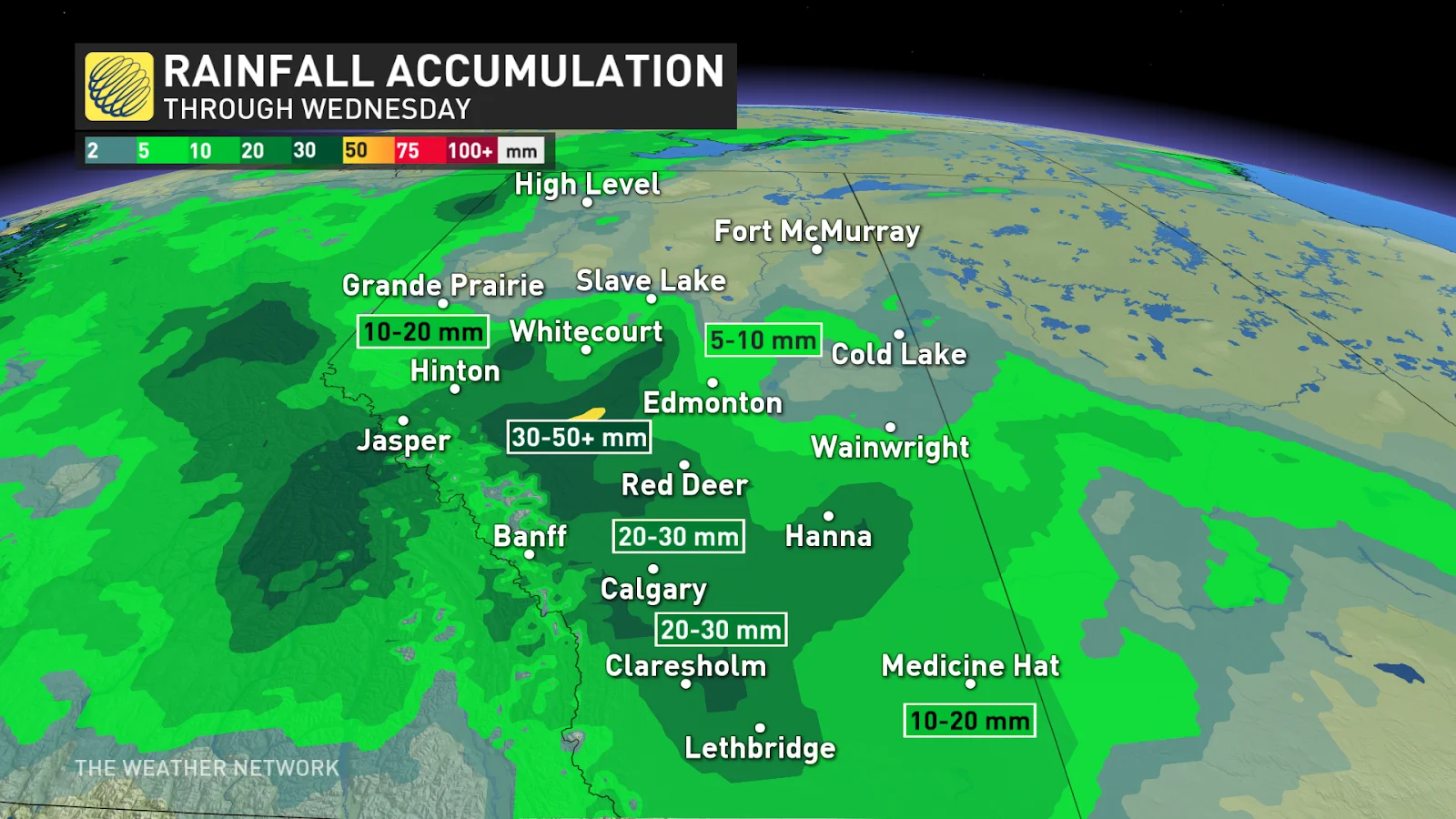 Alberta Wednesday rainfall totals Aug 27 2024
