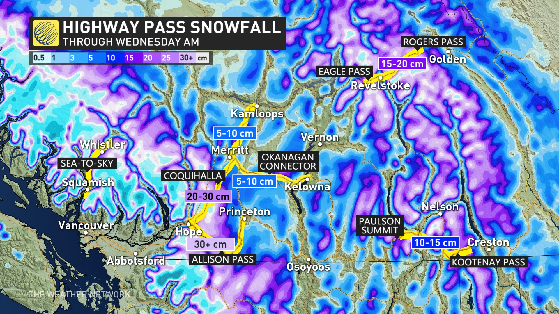 B.C. mountain pass snowfall projections through Wednesday morning_Nov. 11