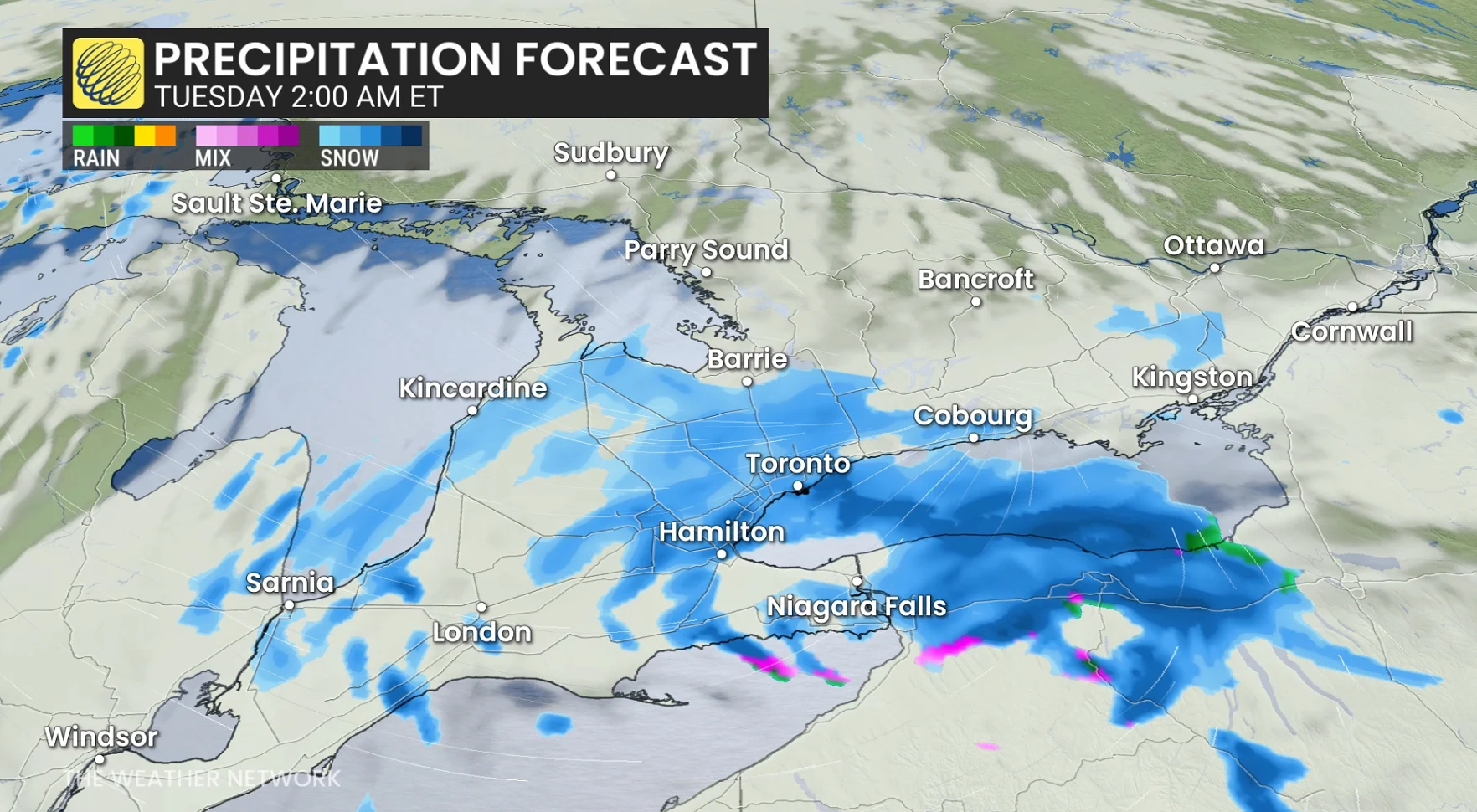 Ontario precipitation timing Tuesday morning