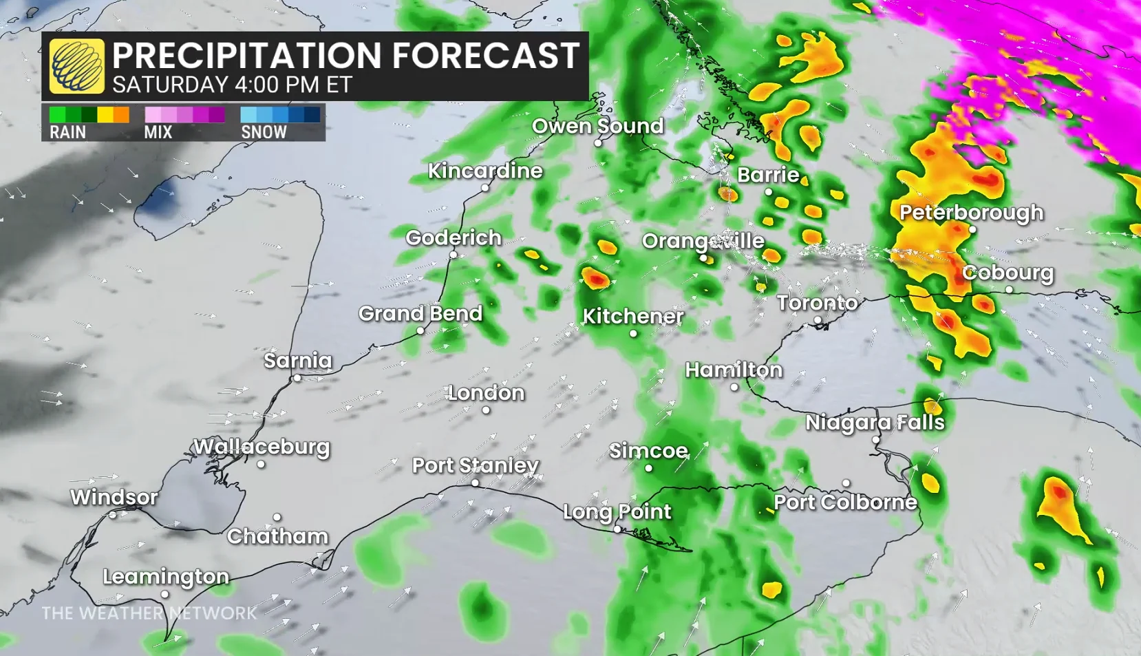 Ontario precipitation timing Saturday afternoon