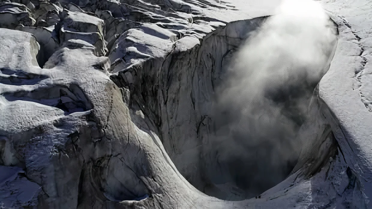 A drone flies over one of Mount Meager's three fumaroles. The footage shows how much ice is melting, and allowing gas and steam to escape from the volcano. (Aeria Solutions)