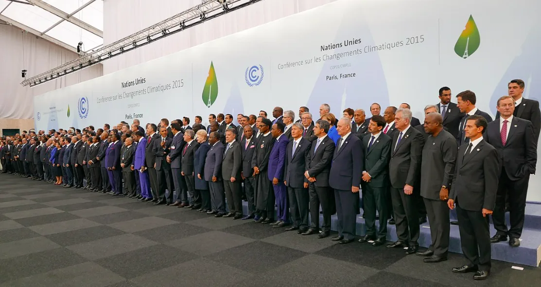 Heads of delegations at the 2015 United Nations Climate Change Conference (COP21), which led to the signing of the Paris Agreement.