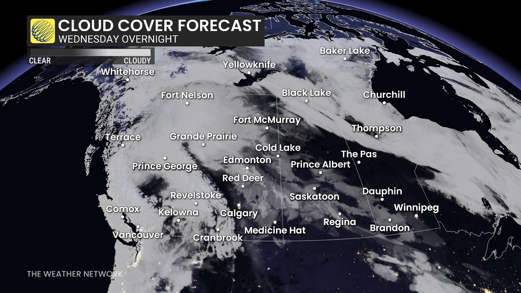 Western Canada Wednesday night forecast cloud cover - Nov. 12, 2025