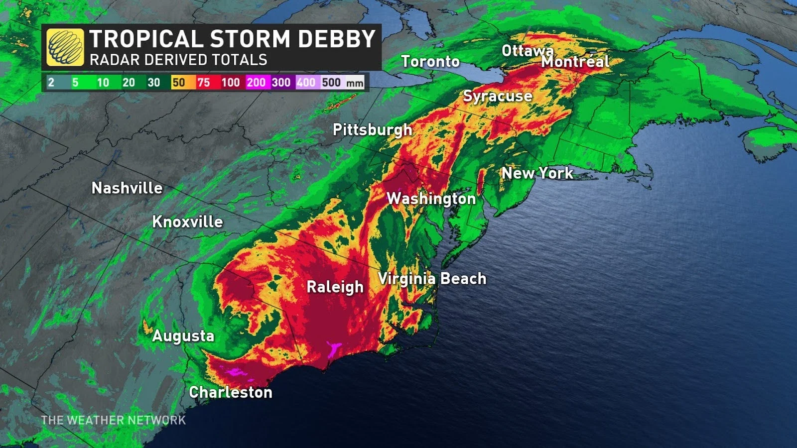 Debby rainfall totals US Canada