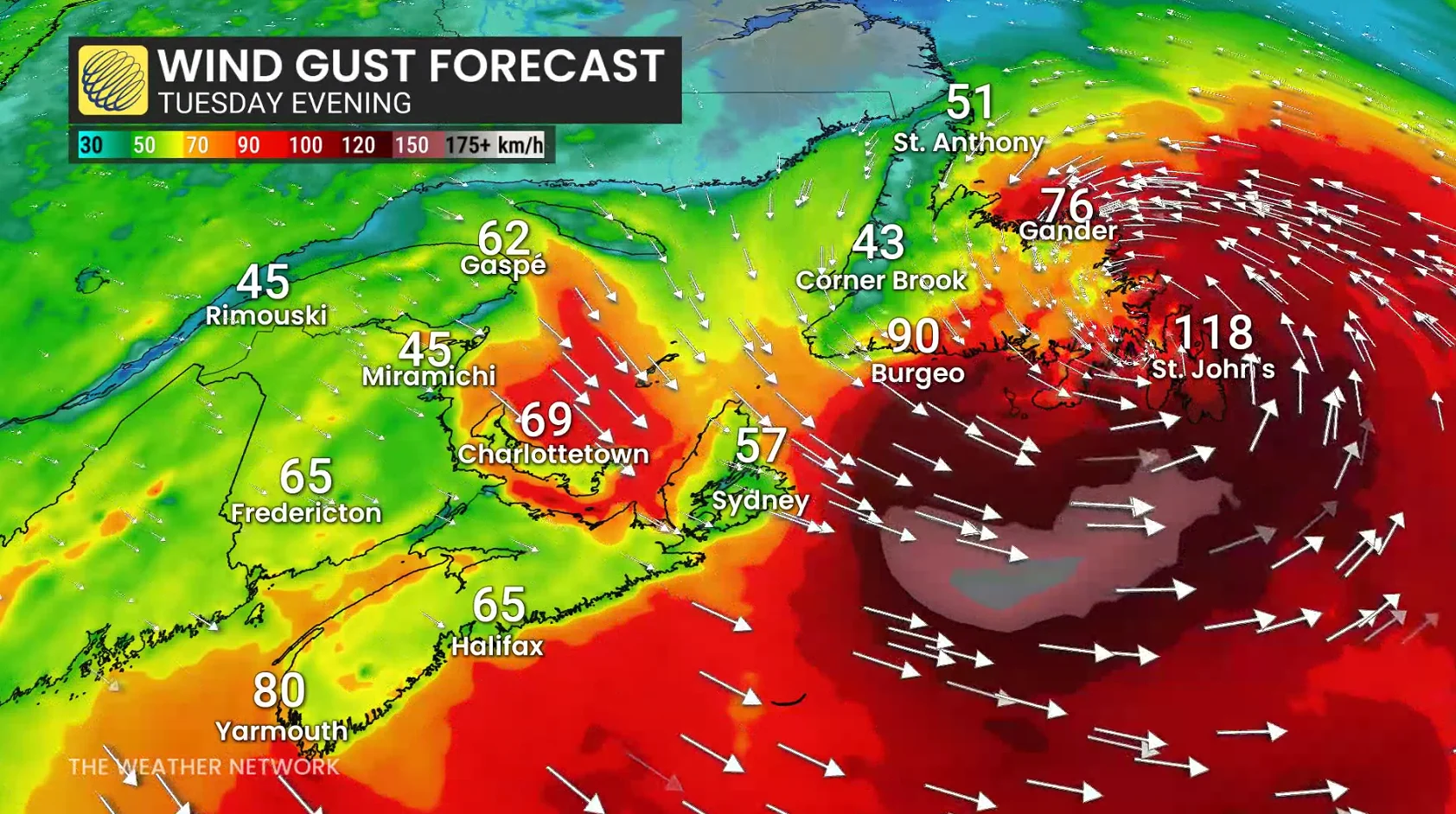 Atlantic Canada wind forecast Tuesday evening