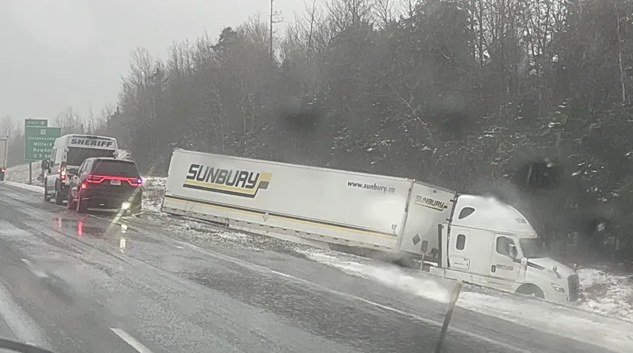 John Carlo Bajen/Submitted: Transport truck off the road in Shubenacadie, N.S. Courtesy Nathan Coleman's nephew John Carlo Bajen