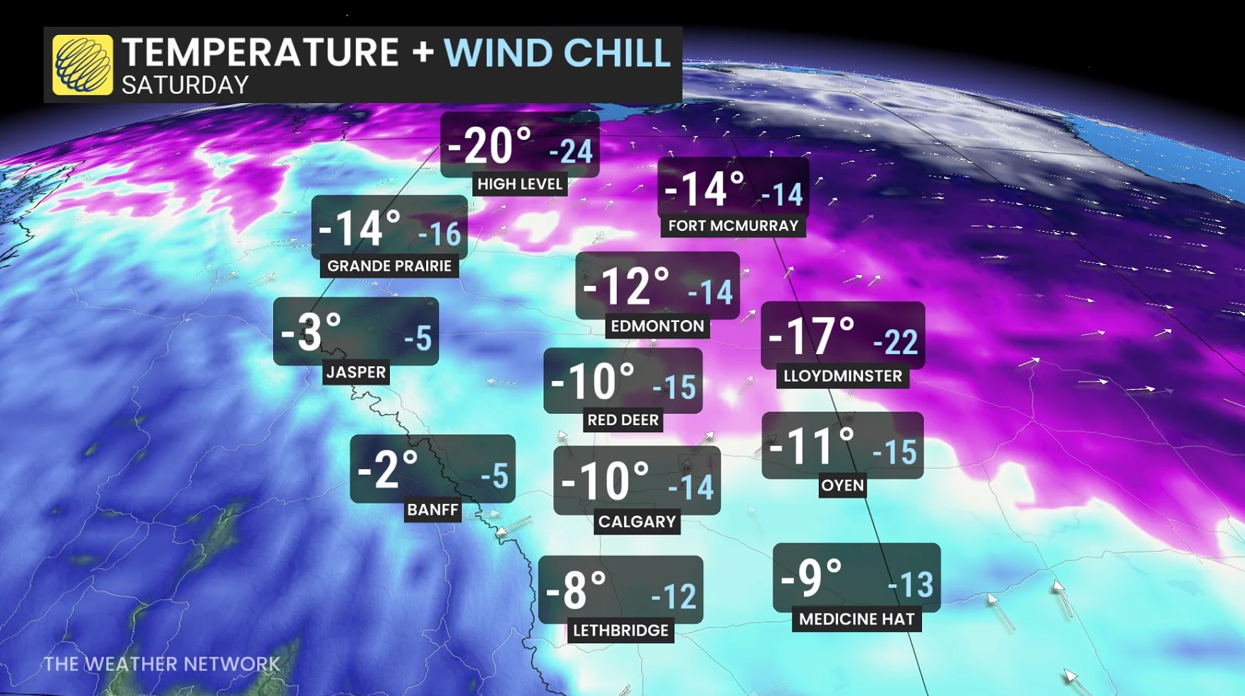 Alberta temperatures and wind chills Saturday