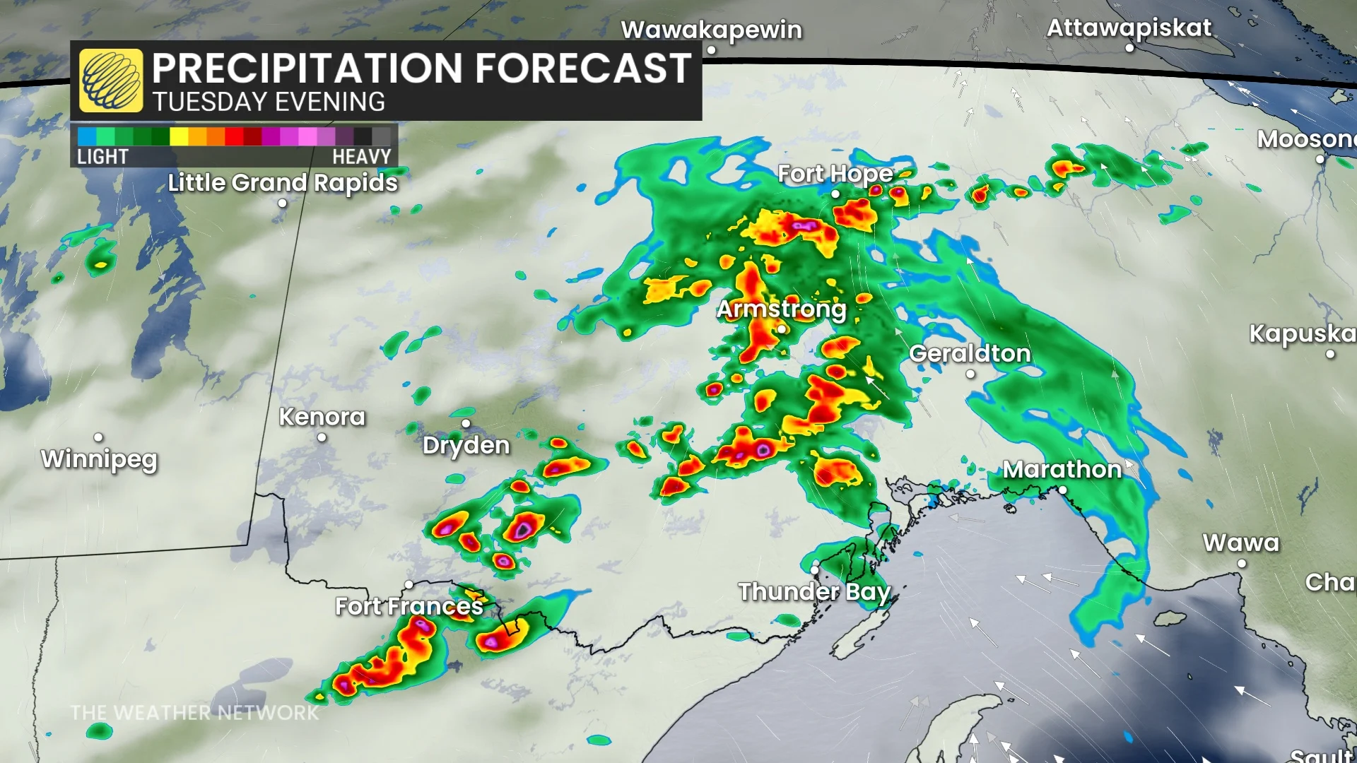 Northwestern Ontario Tuesday evening precipitation timing