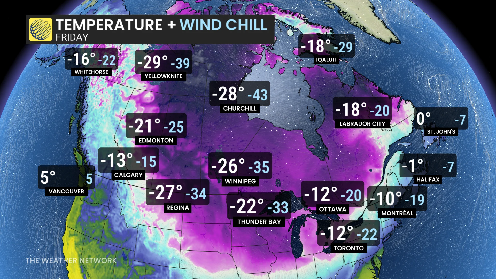 Canada Friday temperature and wind chill