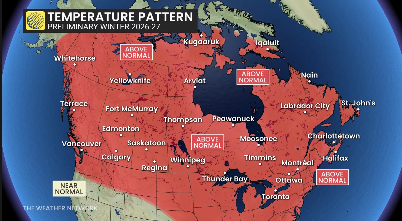 Winter sneak peek preliminary 2026-27 temperature pattern