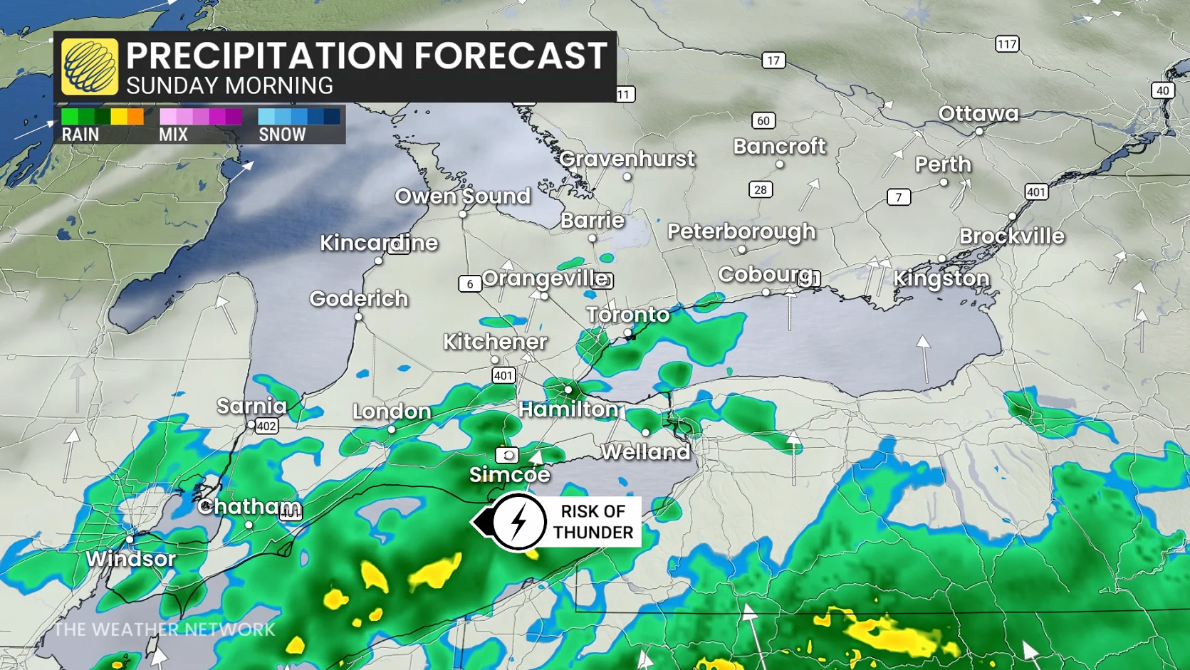 Ontario-Quebec precipitation timing Sunday morning