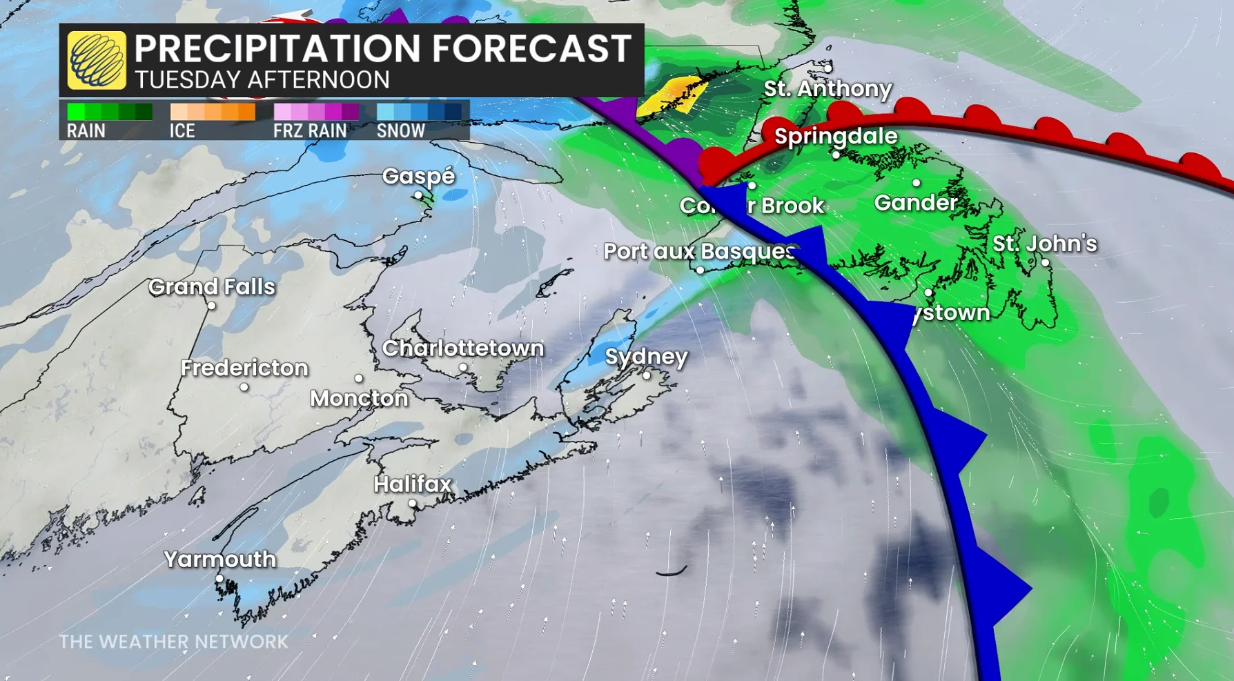 Atlantic Canada precipitation timing Tuesday afternoon