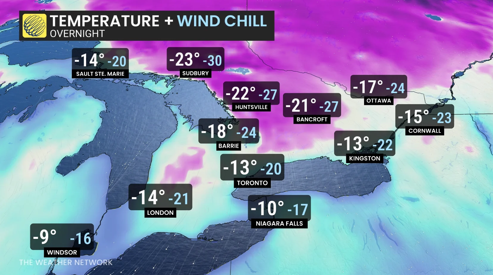 Ontario temperatures overnight + wind chill
