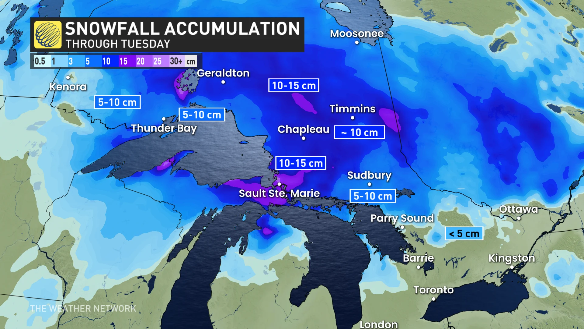 Ontario snowfall through Tuesday