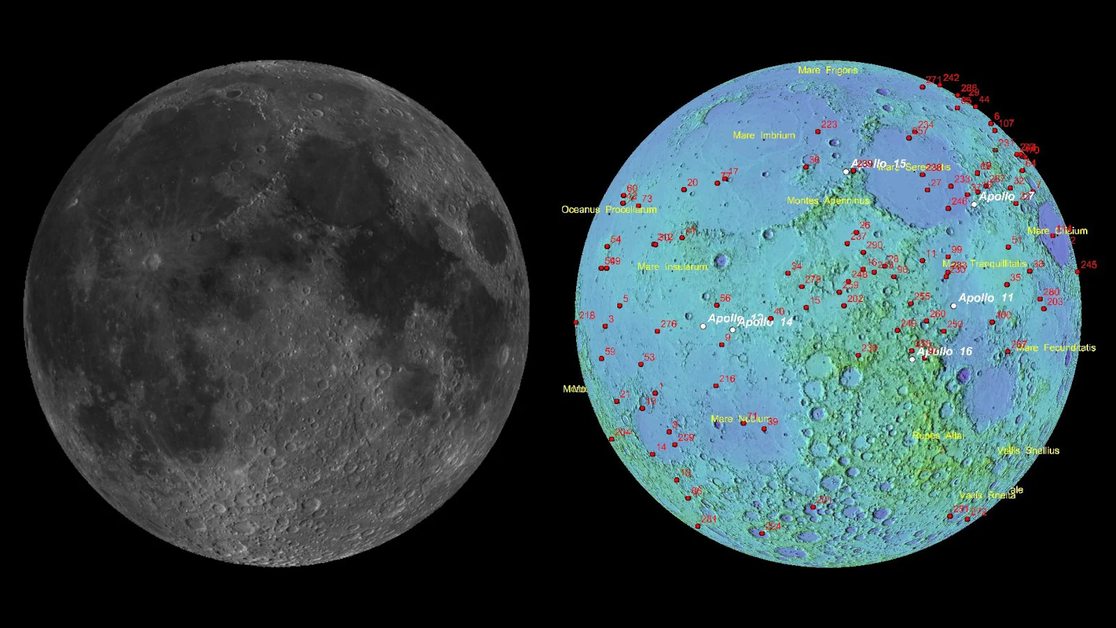 Moon - Visible Topographical plus Moonquakes - NASA USGS Nakamura