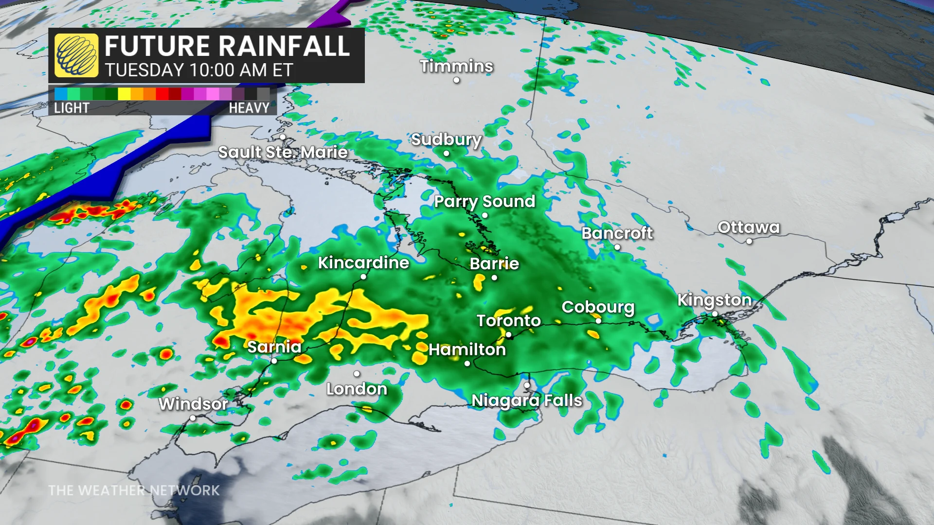 Ontario precipitation timing Tuesday morning