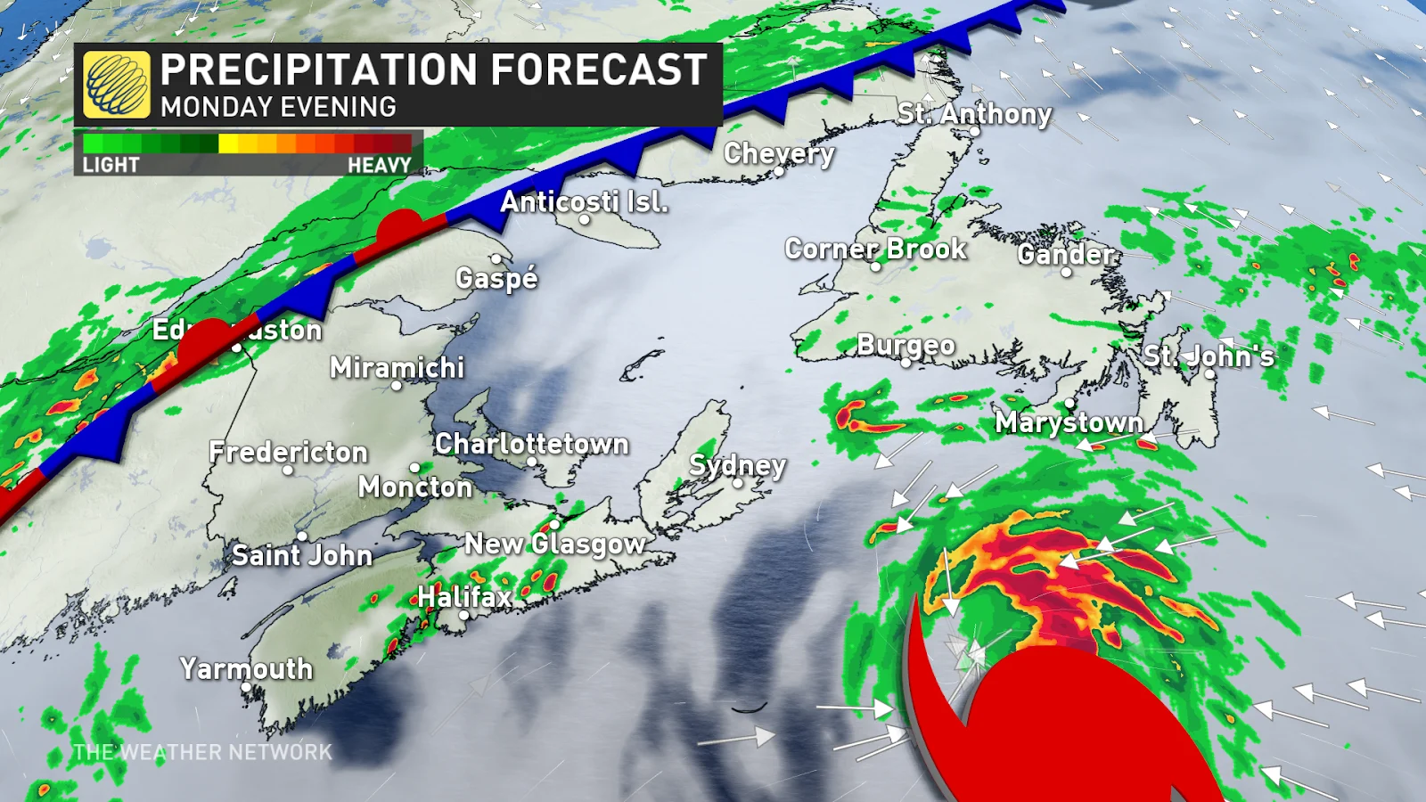 Atlantic Canada precipitation forecast Ernesto Monday evening Aug 19 2024