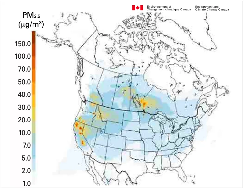 Seasonal (May to September mean) fire PM2.5 contribution to total forecasted surface PM2.5 concentrations (μg/m3) for 2021 over North America. (Environment and Climate Change Canada)