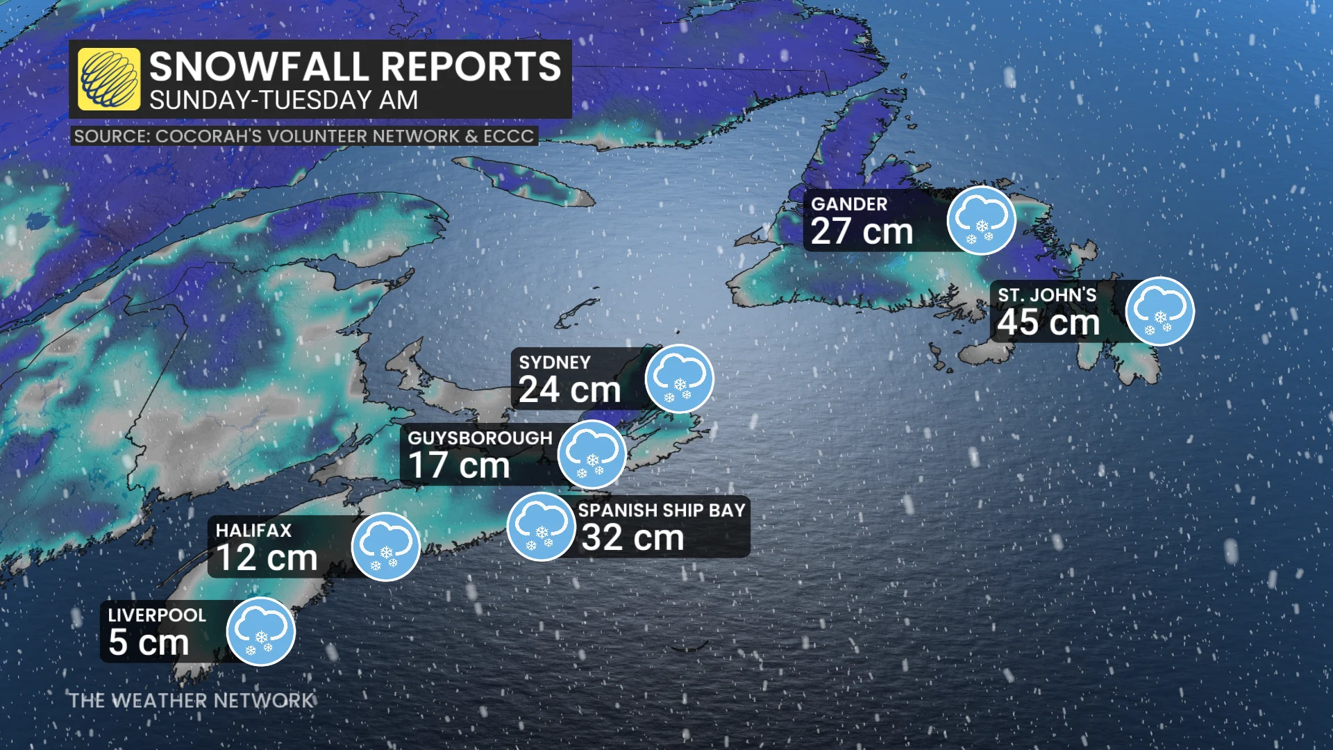 Atlantic Canada snowfall summary (Sunday to Tuesday morning)