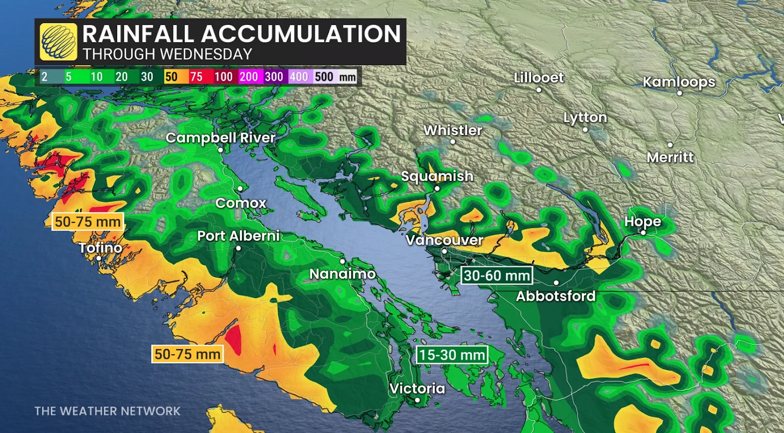 B.C. South Coast forecast rainfall totals through Wednesday - Jan. 6, 2026