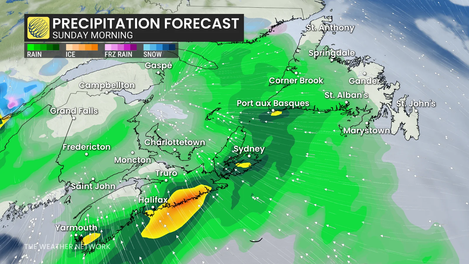 Atlantic Canada forecast radar precipitation Sunday morning - April 25, 2025