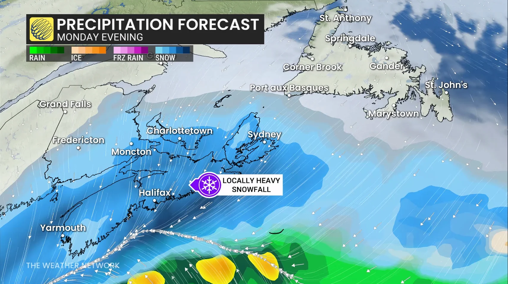 Atlantic Canada precipitation forecast Monday evening