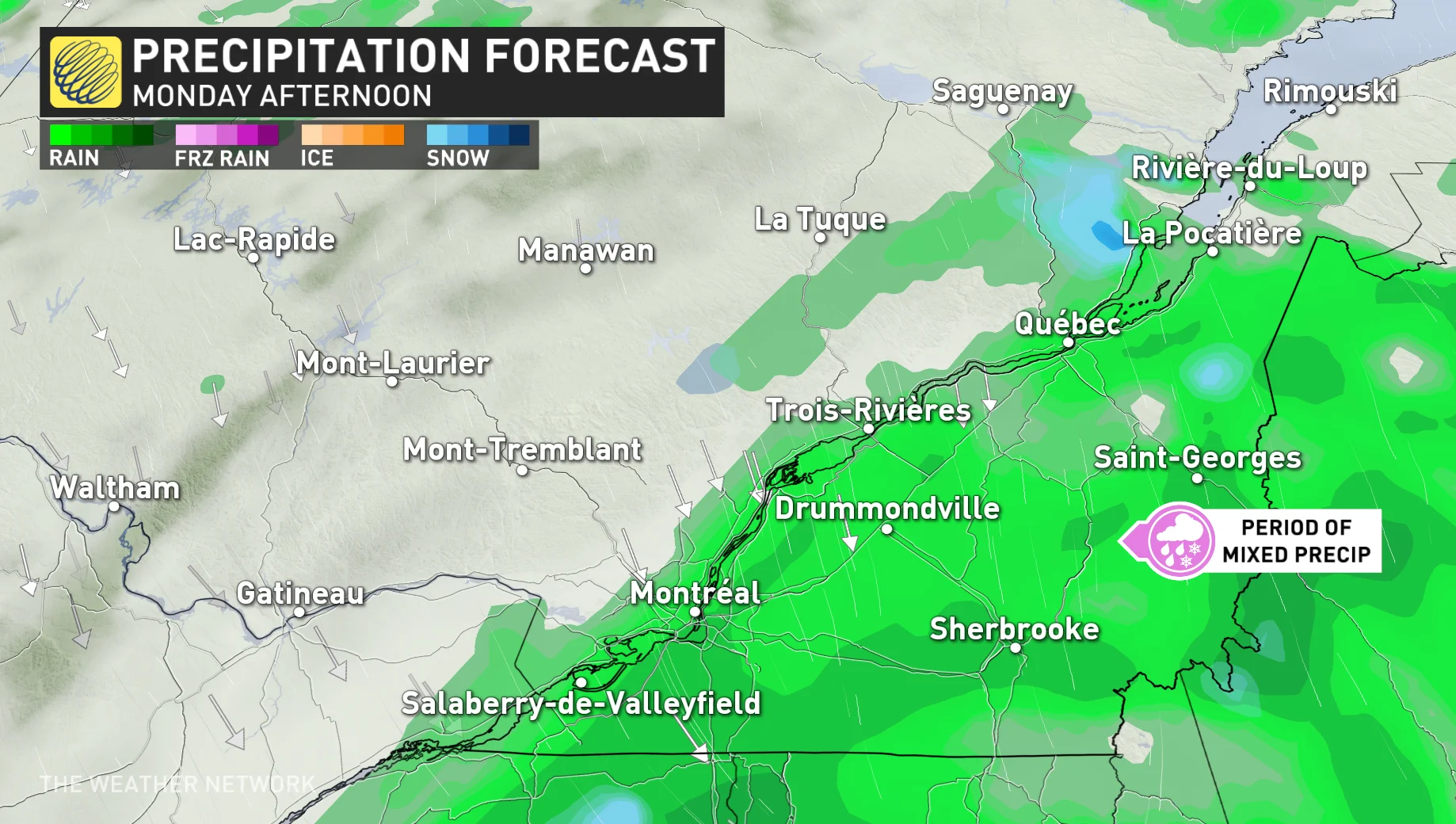 Quebec precipitation timing Monday afternoon