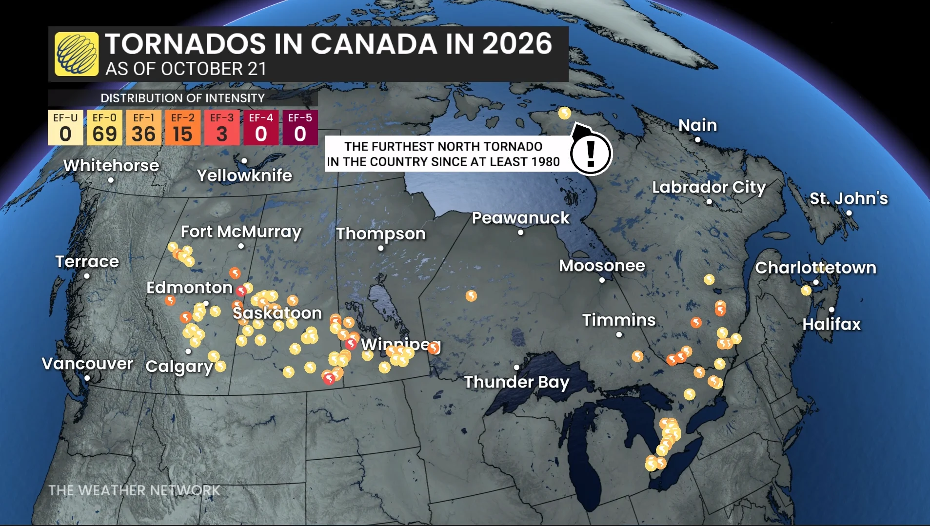 Canada 2026 tornado count as of Oct. 21