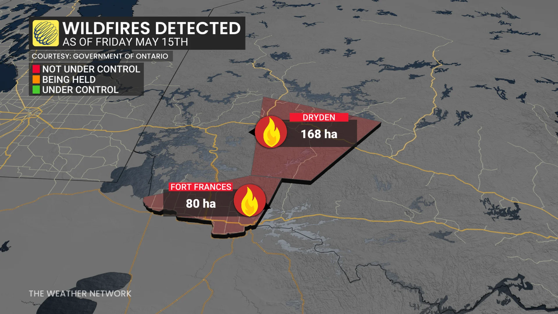 Northwestern Ontario wildfires as of Friday, May 15, 2026