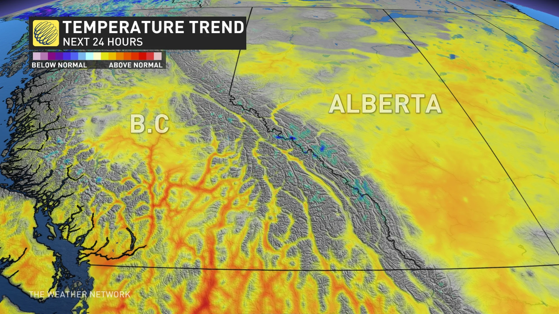 Western Canada temperature trend next 24 hours_Aug. 28