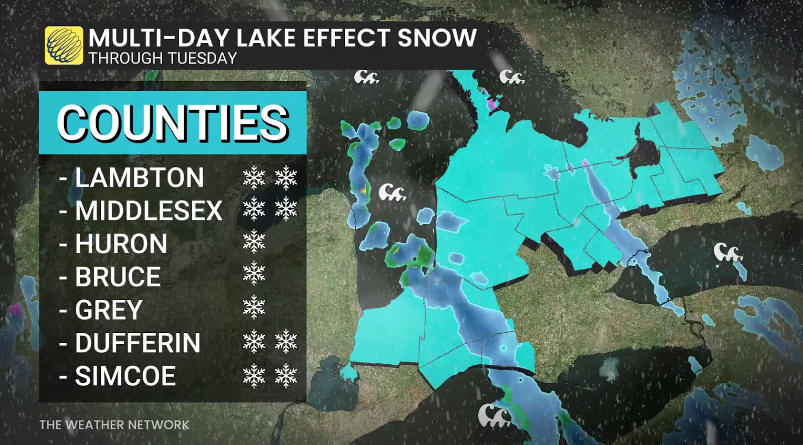 Ontario lake effect snow affected areas Monday