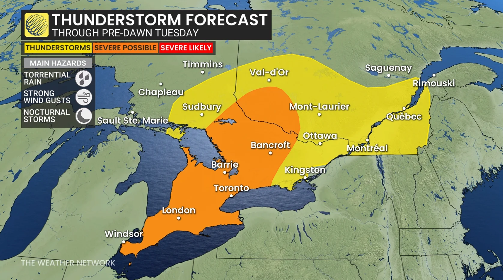 Ontario storm risk map through pre-dawn Tuesday morning