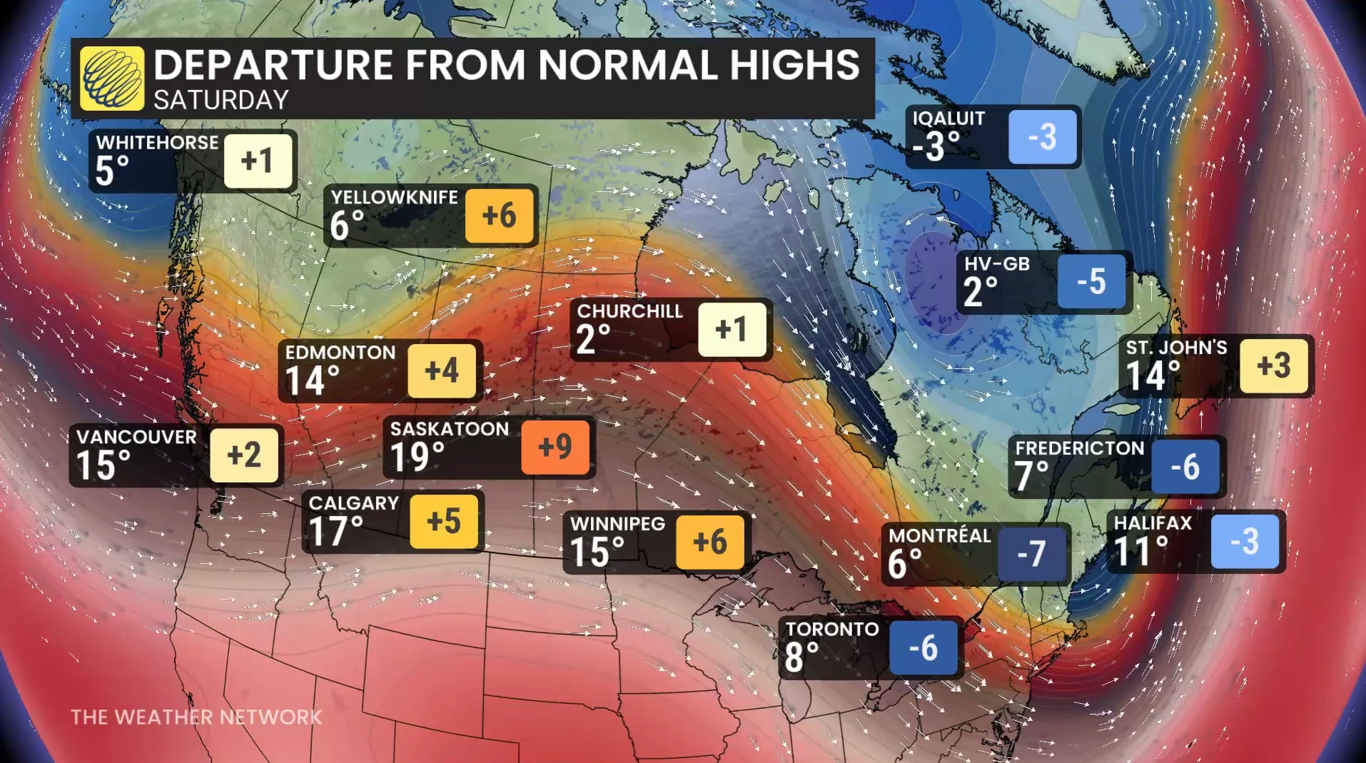 Canada temperature departure from normal Saturday