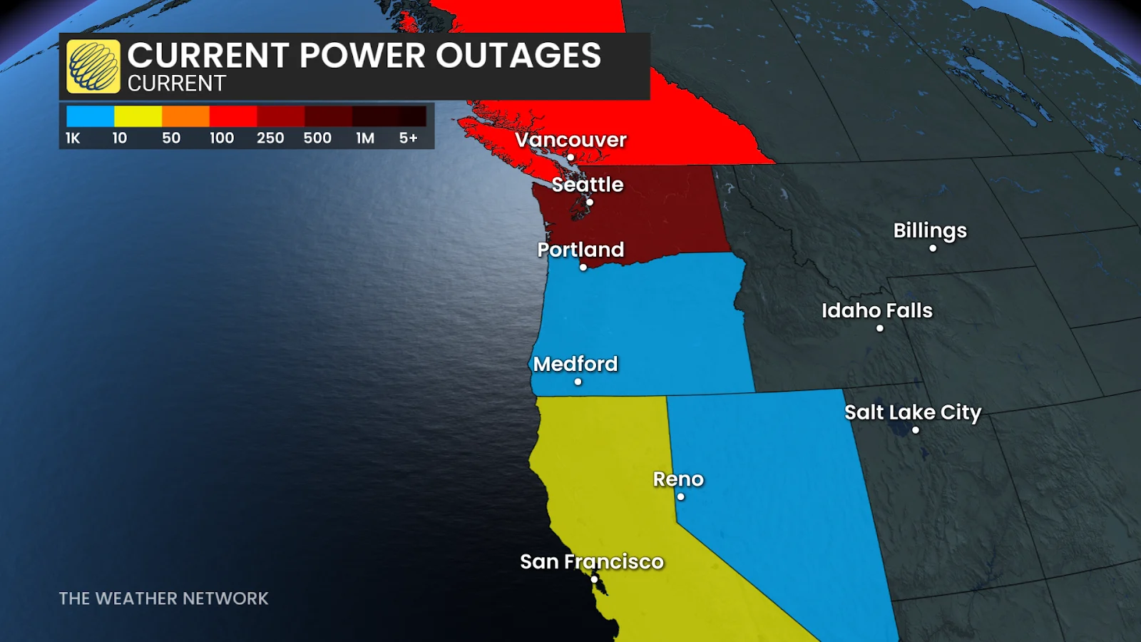 West coast power outage map Nov. 20