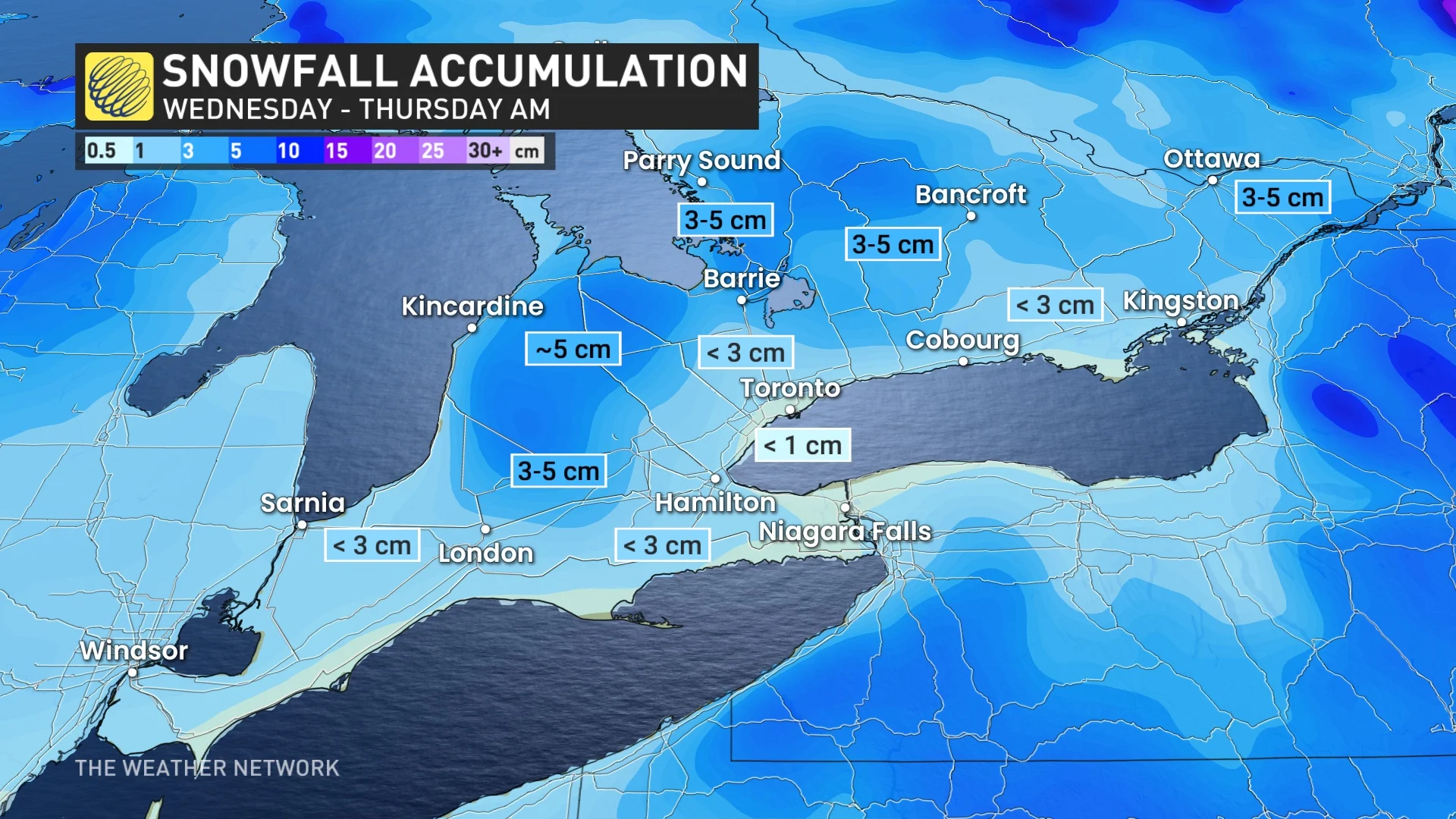 Ontario snowfall map Wednesday to Thursday