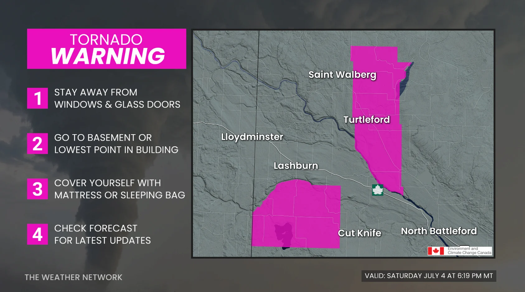 Tornado warning 2 Saskatchewan July 4 2026