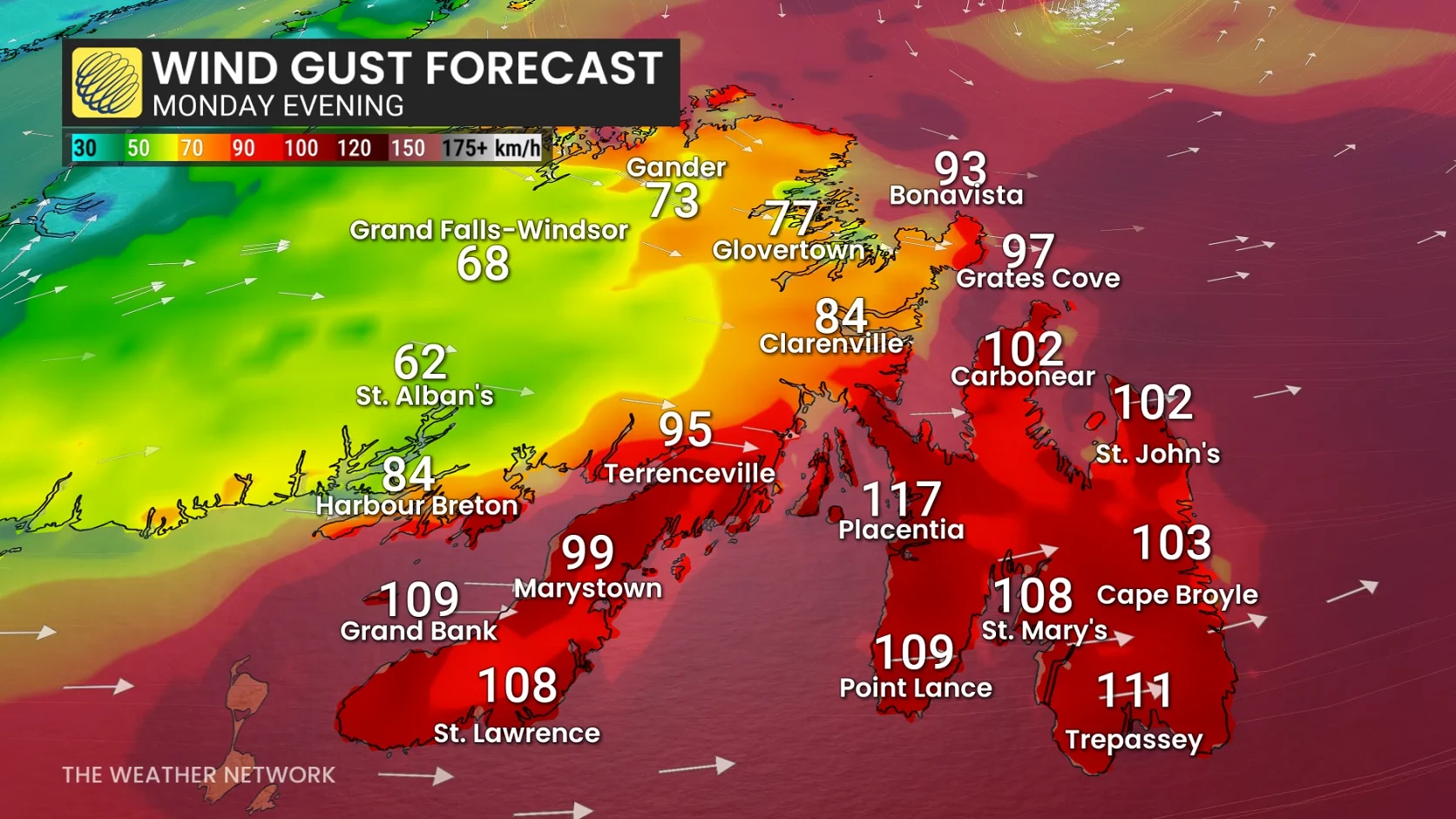 Newfoundland wind gusts Monday evening