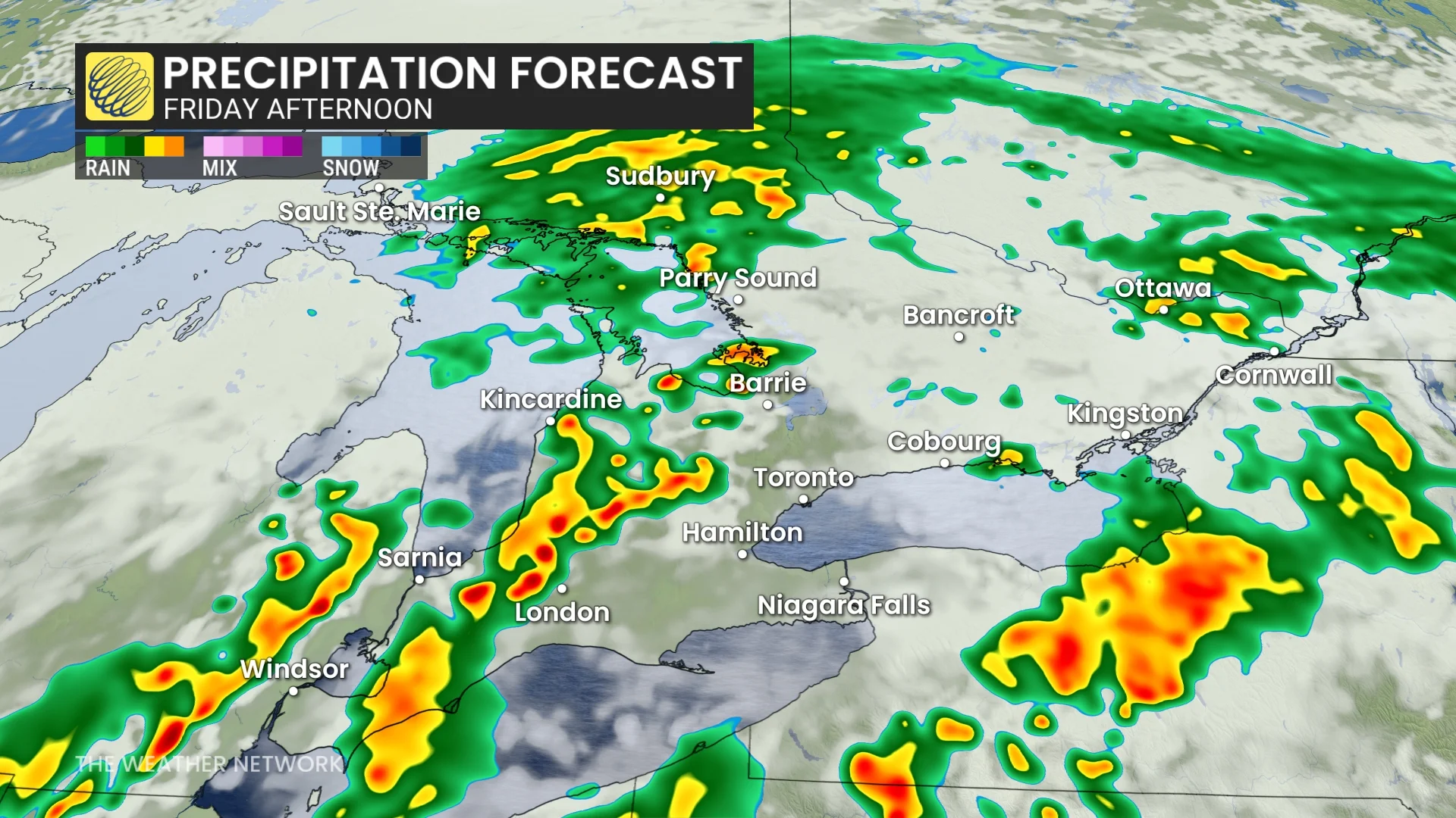 Ontario precipitation forecast timing Friday afternoon
