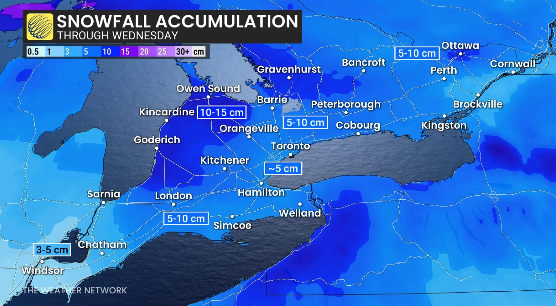 Ontario snowfall accumulation through Wednesday