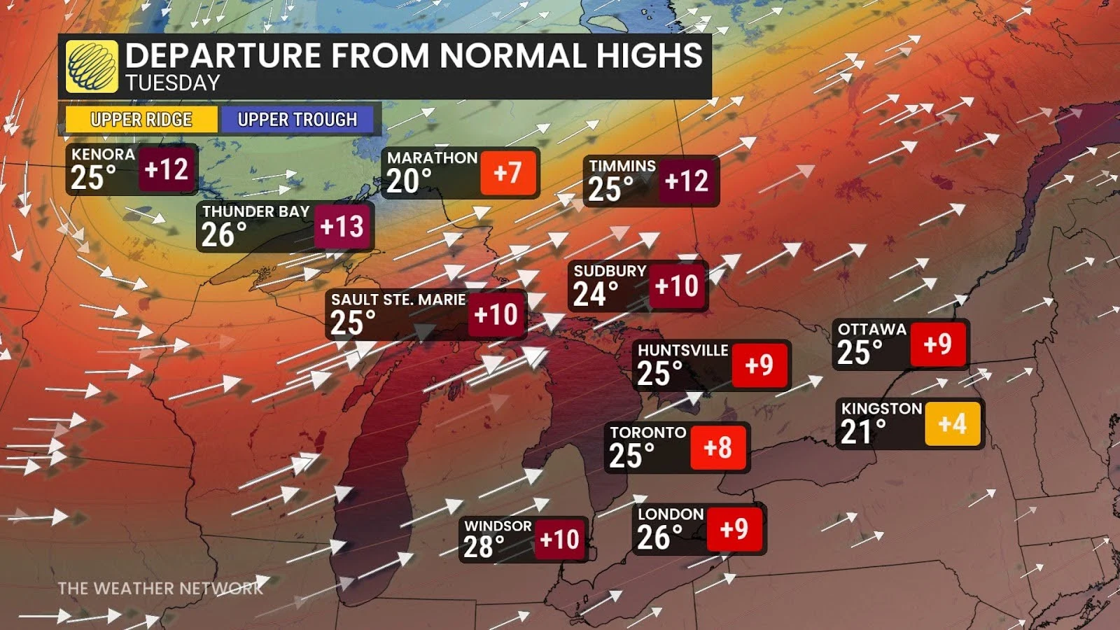 Ontario Tuesday forecast temperatures and departures - Oct. 1, 2025