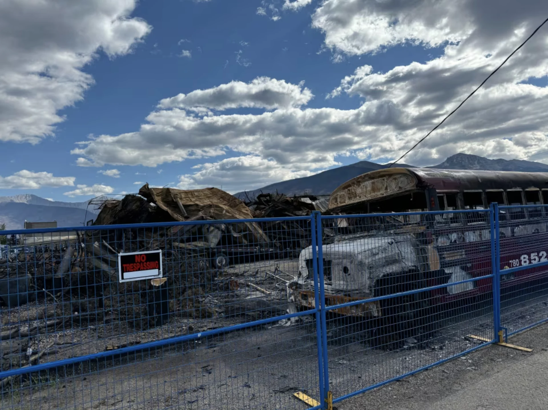 CBC: Everything from the dock, to rafts and life jackets burned up at Jasper Rafters Compound during July's wildfire. (Janet French/CBC)