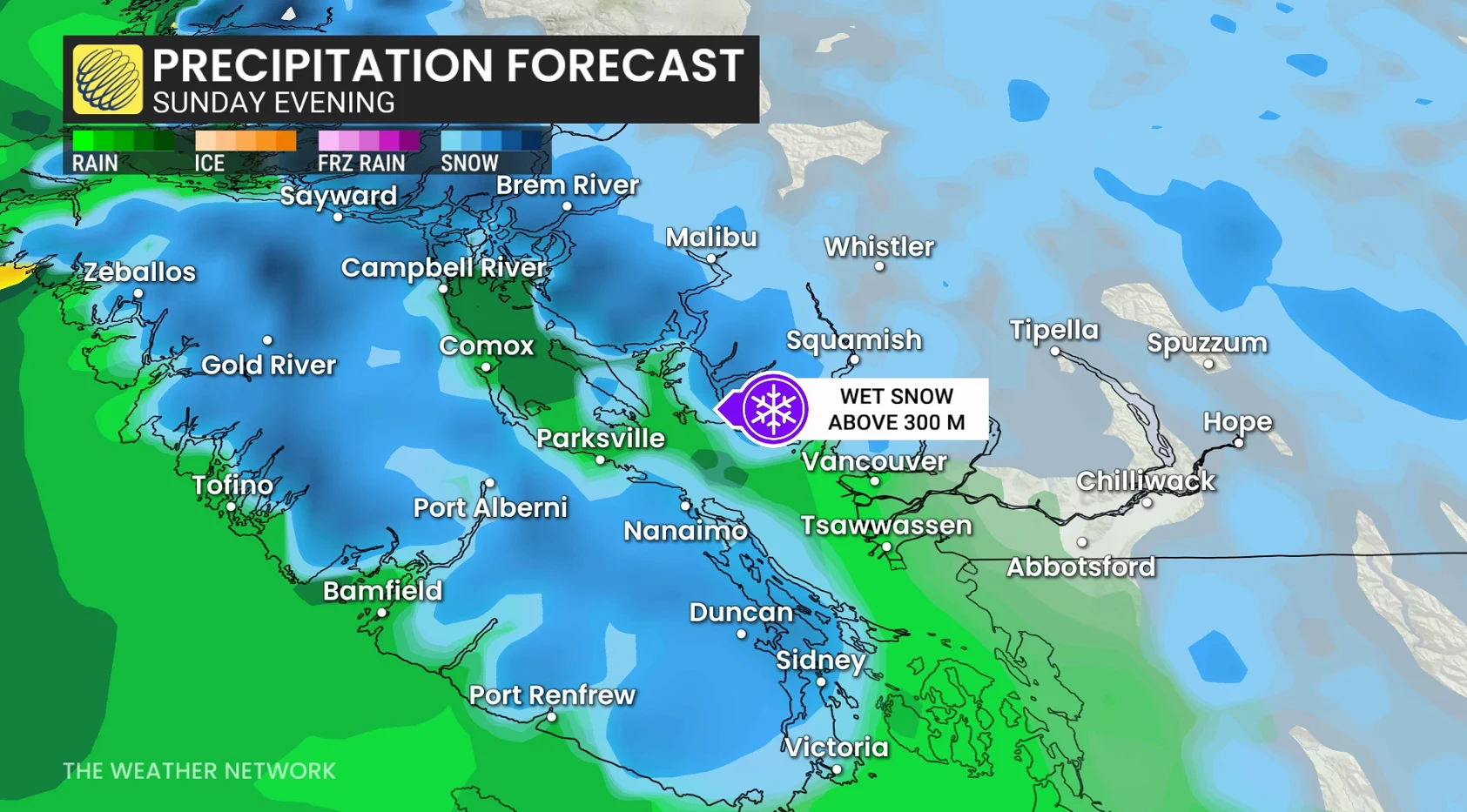B.C. precipitation timing Sunday evening