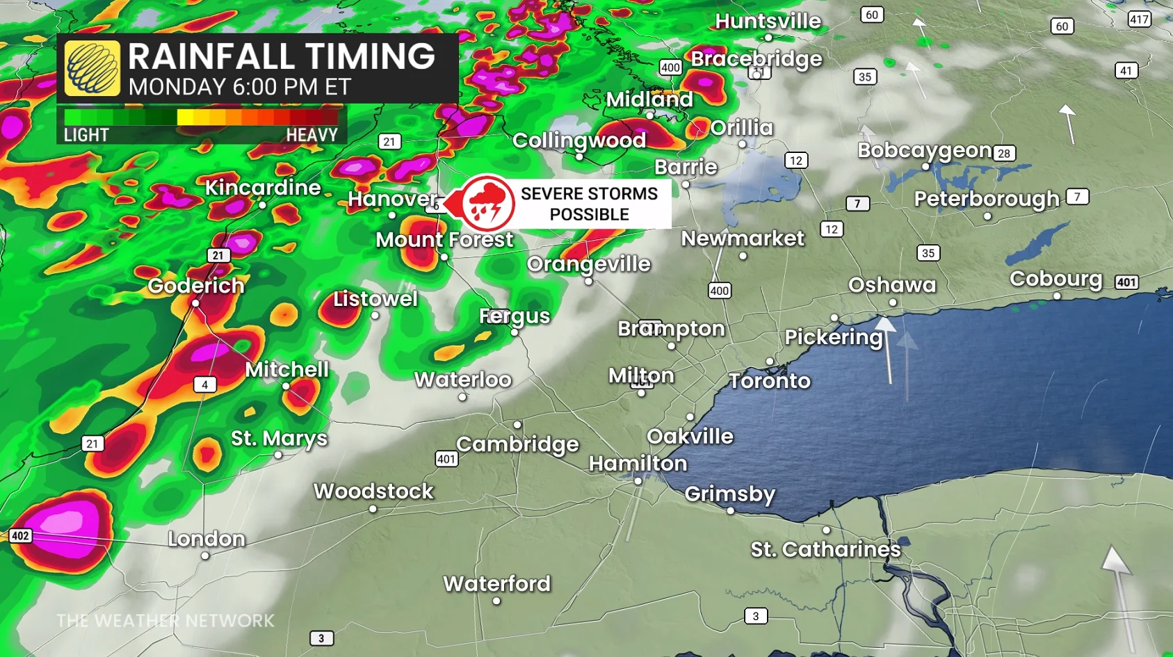Ontario precipitation timing Monday evening