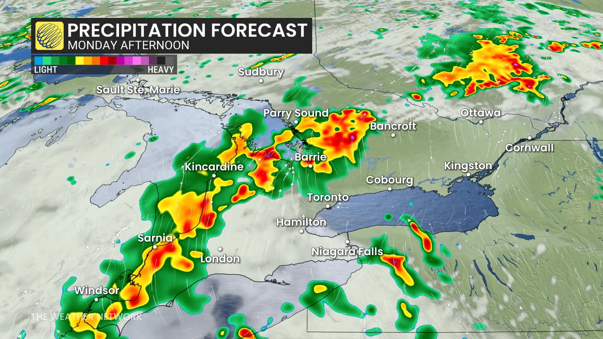Ontario precipitation timing Monday afternoon