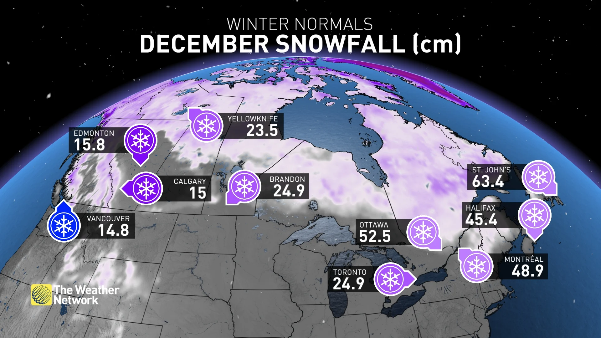 December snowfall normals for Canada