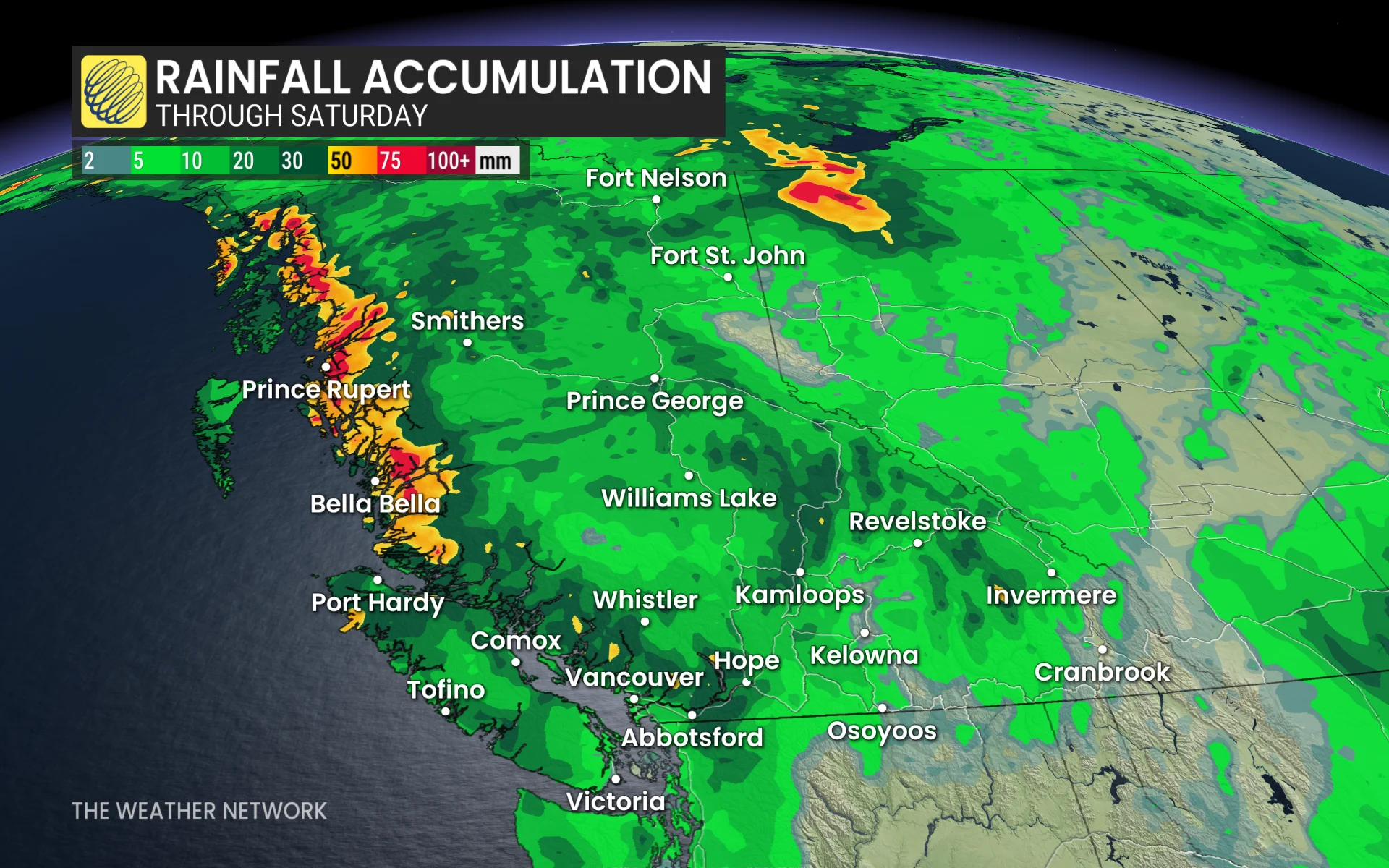 Rainfall accumulation through Saturday, British Columbia