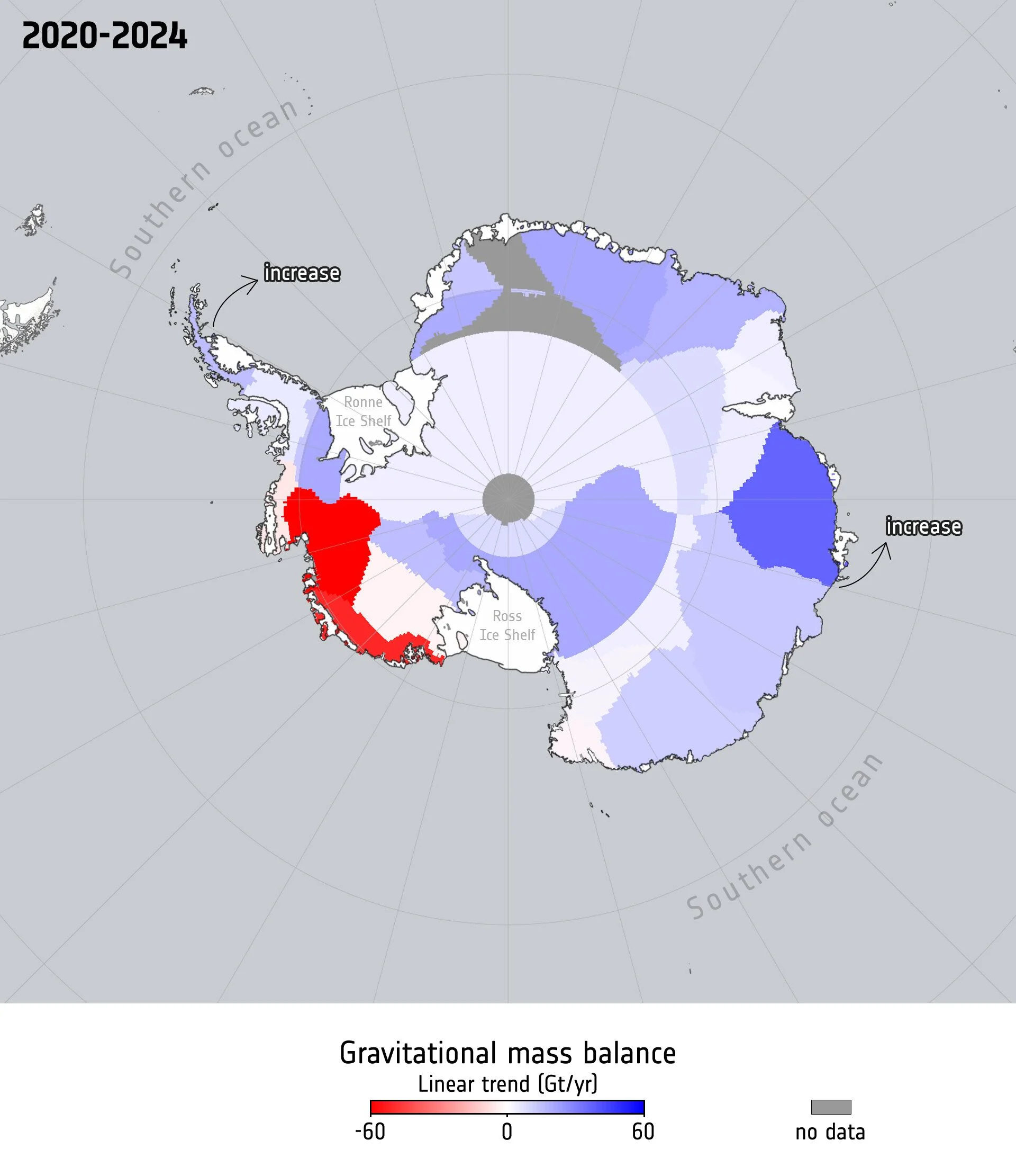 Mass loss and gains on the Antarctic ice sheet 2 pillars/ESA (data source: Kolbe et al, 2026)