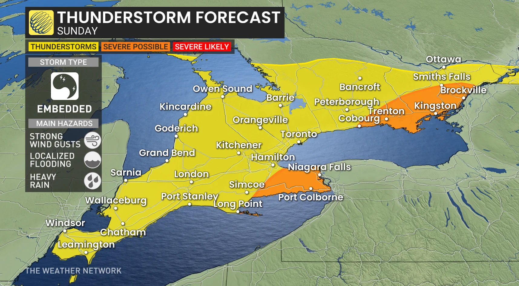 Ontario Sunday thunderstorm risk map (updated version) - March 16, 2025