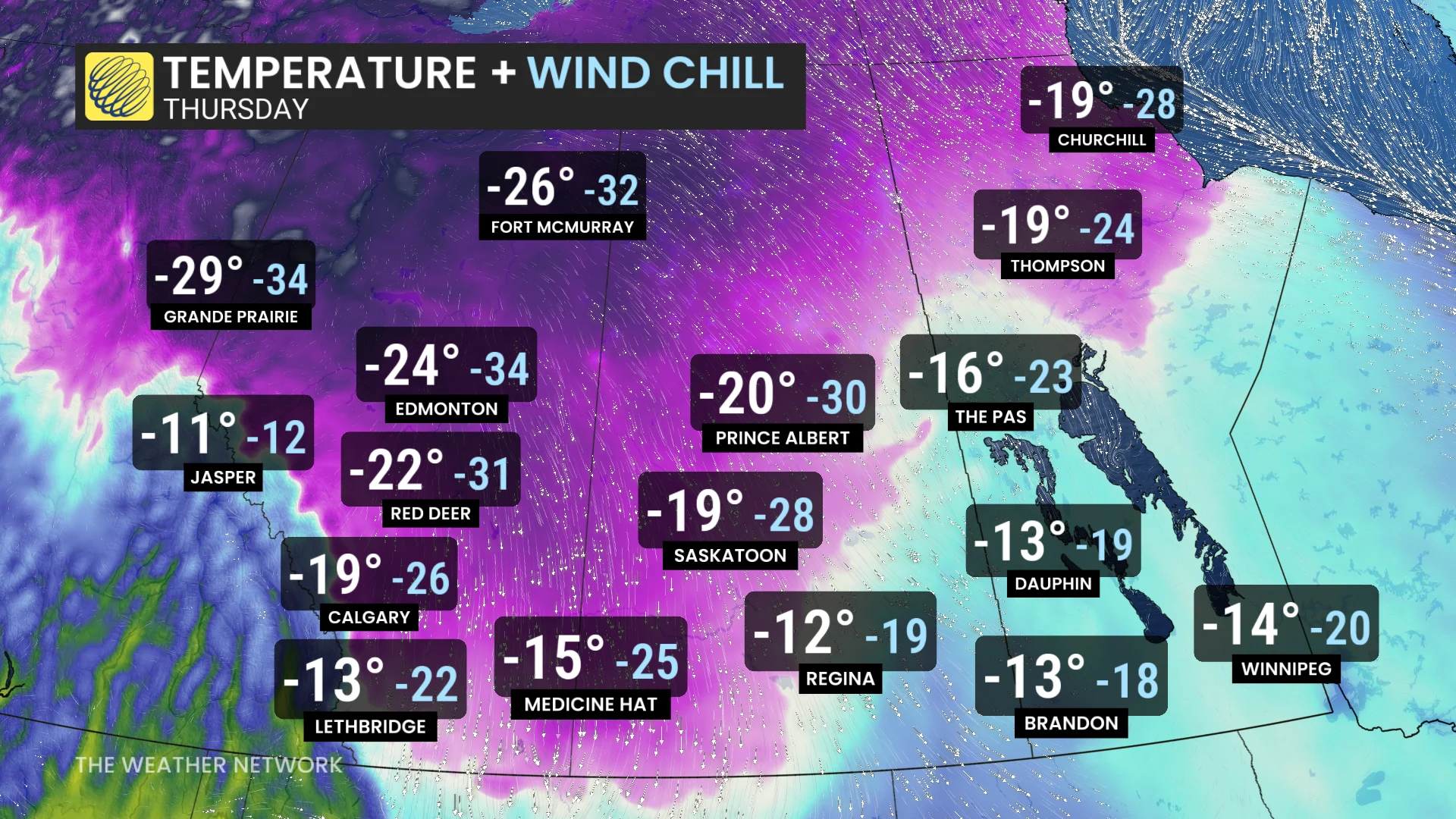 Prairies temperatures and wind chills Thursday