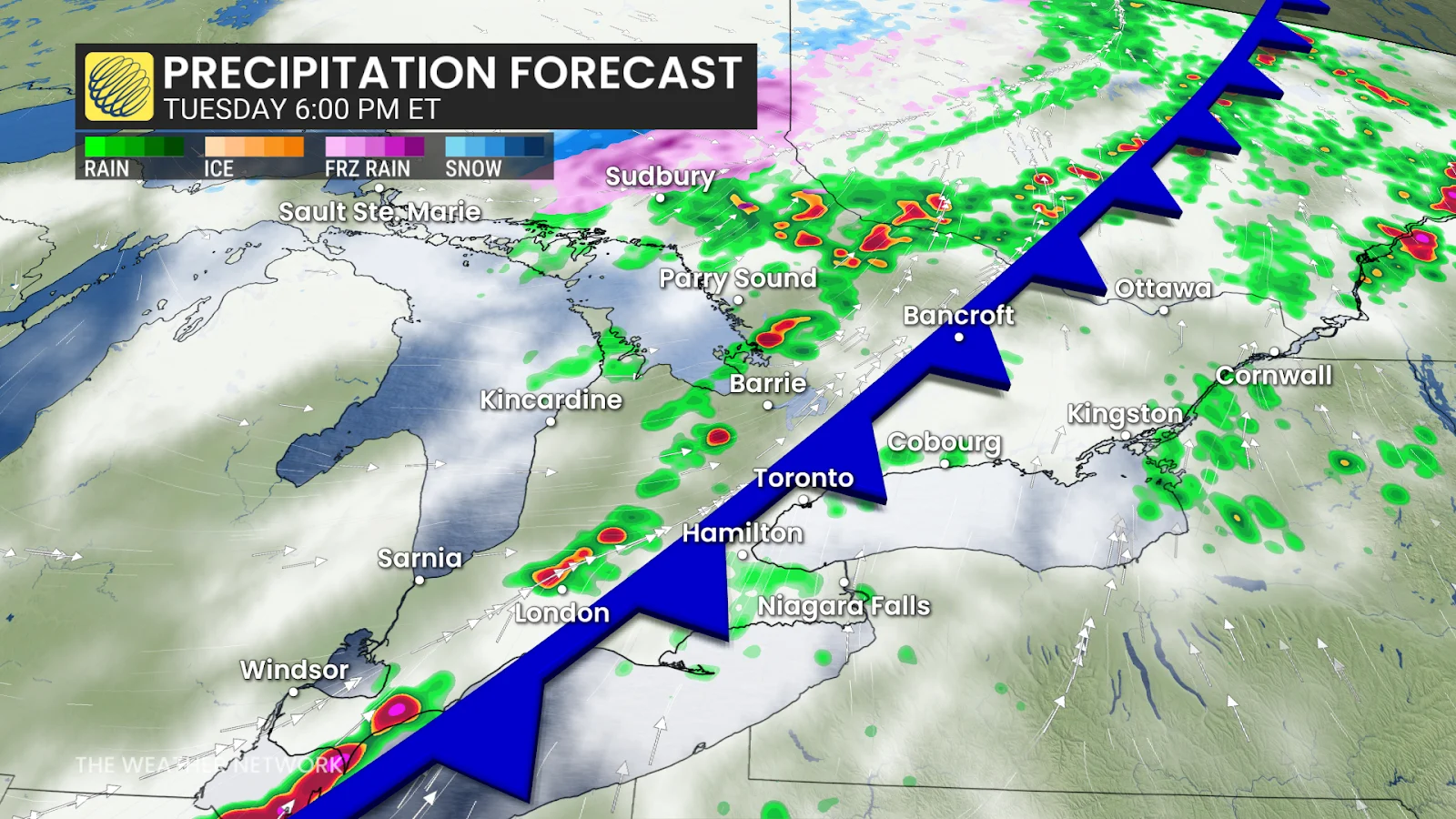 Ontario Tuesday evening forecast radar precipitation and storms - April 28, 2025